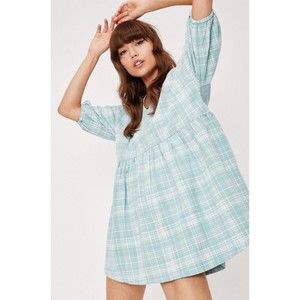 Nasty Gal Plaid Blue Green Puff Sleeve Dress Check Print V Neck Smock Mini